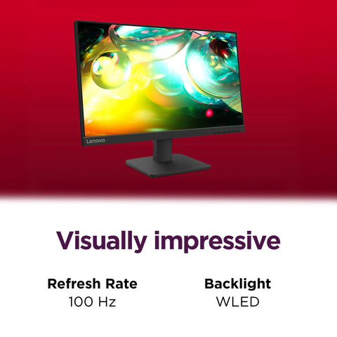 Front view of Crisp 21.5 Inch FHD IPS Office Monitor with 100Hz refresh and WLED backlight on red background with text.