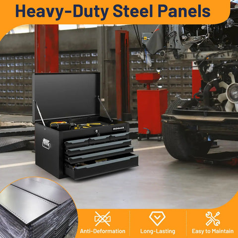 Heavy Hitter 24 Inch 6 Drawer Steel Tool Chest With Smooth Operator Ball Bearings And Spacious Top Tray Rugged Grip Handle Auto Lock Scratch Shield Panels For Garage Grind Ready
