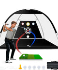 Golfer using Auto Return Golf Net 10x7ft Practice Net with 5 Balls and Tri Turf Mat, portable storage bag visible