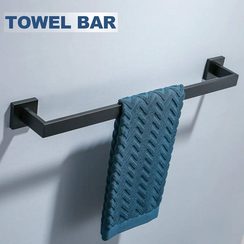 Matte Black Stainless Steel 4 Piece Bathroom Set Dope Finish Towel Bar displaying blue towel, 23.6 inch rustproof SUS304 bath hardware.