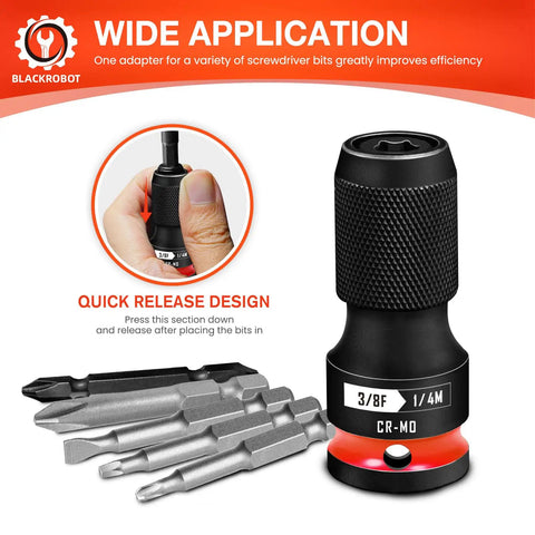 Quick Release Impact Bit Holder Three Eighths Inch Square Drive To One Quarter Inch Hex Socket Adapter Durable CR MO Steel Red Finish
