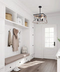 Farmhouse Chandelier For Dining Room And Kitchen Island Rustic White Wood Pendant Light in a bright entryway with built-in storage.
