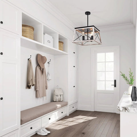 Farmhouse Chandelier For Dining Room And Kitchen Island Rustic White Wood Pendant Light in a bright entryway with built-in storage.