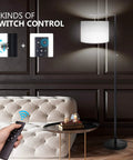 Living room with LED Floor Lamp With Stepless Dimming And Four Color Temperature Modes, remote shown in hand, white shade