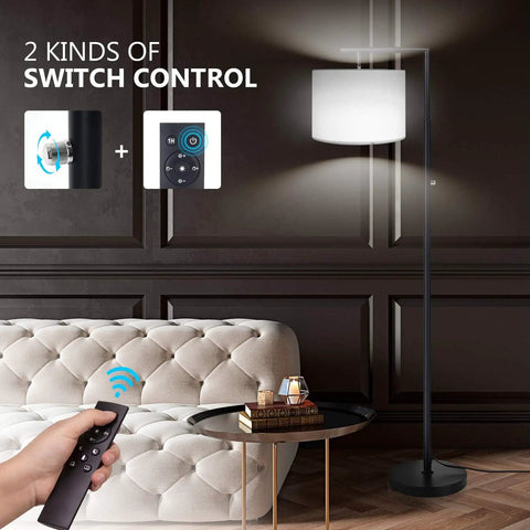 Living room with LED Floor Lamp With Stepless Dimming And Four Color Temperature Modes, remote shown in hand, white shade