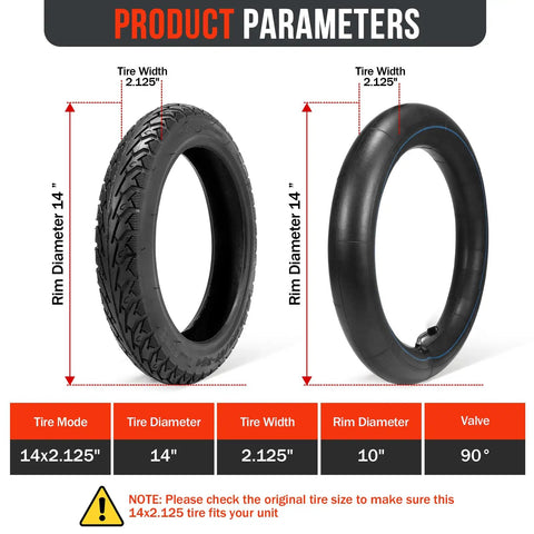 14x2.125 Inch Tire And Tube Set For 57-254 E-Bike Replacement Tires Pack Of 2 Sets, 14in wheel, 2.125in width