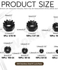 Size chart of Assorted 75 Piece Stainless Steel K Lock Nuts Set With Tooth Washers Black Finish SAE Lock Nuts 304 Stainless Handy Hardware Kit