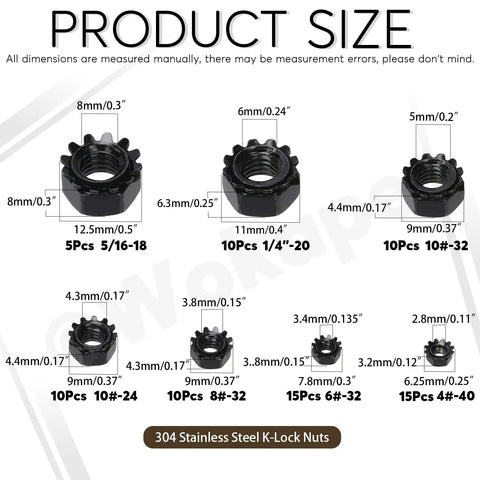 Size chart of Assorted 75 Piece Stainless Steel K Lock Nuts Set With Tooth Washers Black Finish SAE Lock Nuts 304 Stainless Handy Hardware Kit