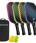 Four Pack Pickleball Paddles Set With Fiberglass Faces And 14mm Honeycomb Core, USAPA Ready Tournament Gear, carrying case, balls.