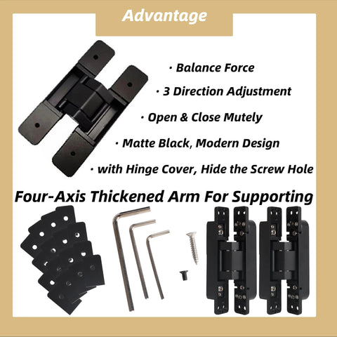 Hidden Door Hinge Set Two Pack 6 Inch Concealed Butt Hinges With 180 Degree Matte Black Swing And 3 Way Adjustable Zinc Alloy Construction For Heavy Duty Installations Tough As Nails Built To Last Riyhch; shown with tools and parts.