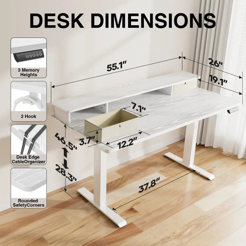 Solid Build Electric Standing Desk With 55x26 Inch Adjustable Height And Clean White Finish dimensions illustration