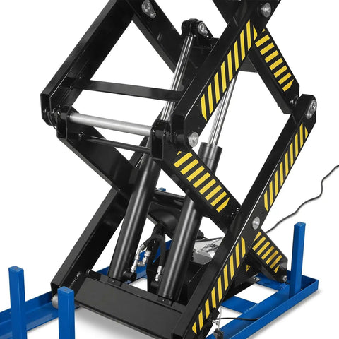 Heavy Duty Wireless Remote Control Double Scissor Hydraulic Lift Table With 4400 Lb Load Capacity And 72.6 Inch Height For Warehouse Jobs, showing hydraulic lift and support arms detail.
