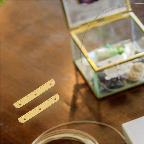 Heavy Duty Mini Piano Hinges 10 Pack For Wood Boxes Cabinets And Chest Lids Smooth Operation For Doors DIY Projects And Furniture Displays Ideal Gift For DIY Enthusiasts shown on a table with a glass box in the background.