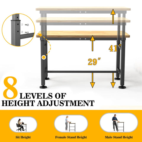 Heavy Duty Garage Workbench With Adjustable 47.5 Inch Height showing 8 height levels from 29 to 41 inches, rubberwood surface