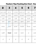 Size chart for High Temp Silicone Roof Flashing Boot for Round Pipes, Flexible Roof Jack Seal for 7 to 13 Inch Pipe OD.