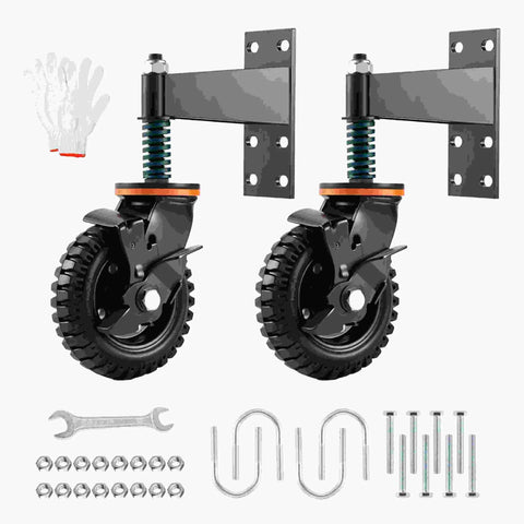 2 Pack Six Inch Gate Wheel With Brake Built Tough Heavy Duty Fence Wheel 360 Degree Swivel With Spring Shock Absorption 1000 Pound Capacity All Terrain Rubber Tire And Metal Bracket For Sliding Farm Garden Gates, includes installation tools.