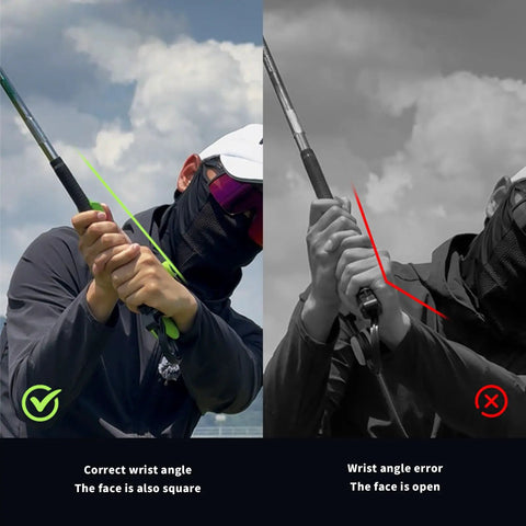Pro Grade Golf Swing Mechanics Tool And Analyzer showing correct and incorrect wrist angle guidance outdoors