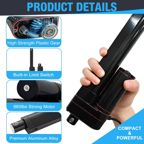 Beefy 24V Heavy Duty Linear Actuator With 30 Inch Stroke, 660 Lb Load, shown in hand, detailing plastic gear and components.