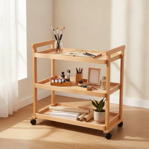 Sturdy Beech Wood Rolling Art Supply Cart With Wide Three Tier Shelves Secure Side Guards And Silky Smooth Wheels For Easy Studio Rollout and Grab and Go Creative Organization with art supplies.