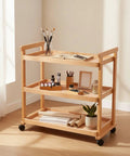 Rock Solid Beech Wood Art Material Cart Rolling Storage Organizer Trolley With Smooth Caster Wheels Three Tier Open Shelves with art supplies.