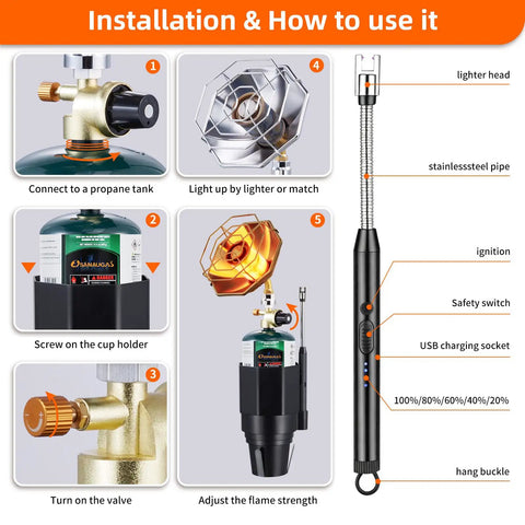 Installation steps for 6200 BTU Portable Propane Camping Heater with Radiant Burner for Tents Outdoors Adjustable Flame