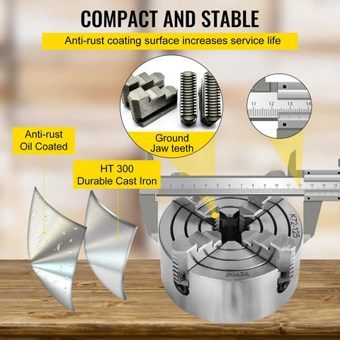 4 Jaw Lathe Chuck 125mm Independent Reversible Jaw For Metal Turning, anti-rust cast iron construction details shown.