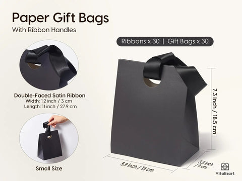 Paper gift bag with black satin ribbon handle, sized 5.9x3.15x7.3 in, ideal for gift wrapping, featuring a durable design.