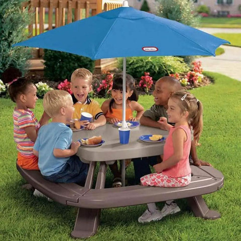 Fold N Store Picnic Table With Market Umbrella, Brown Wood Grain Finish, Compact Outdoor Table For Six To Eight, umbrella included