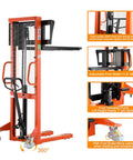 Rock Solid Manual Pallet Stacker And Heavy Duty Hand Forklift Featuring Pro Level 2200 Lb Load Capacity With Up To 63 Inch Max Lifting Height Plus Wide Adjustable Forks For Smooth Warehouse Inventory Handling, showing adjustable fork width and foot-operated pump.