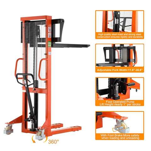 Rock Solid Manual Pallet Stacker And Heavy Duty Hand Forklift Featuring Pro Level 2200 Lb Load Capacity With Up To 63 Inch Max Lifting Height Plus Wide Adjustable Forks For Smooth Warehouse Inventory Handling, showing adjustable fork width and foot-operated pump.