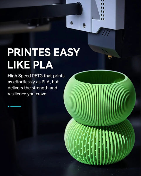 SUNLU PETG filament bundle for 3D printers, 1.75mm, 4kg, four-color pack; green printed vase in foreground