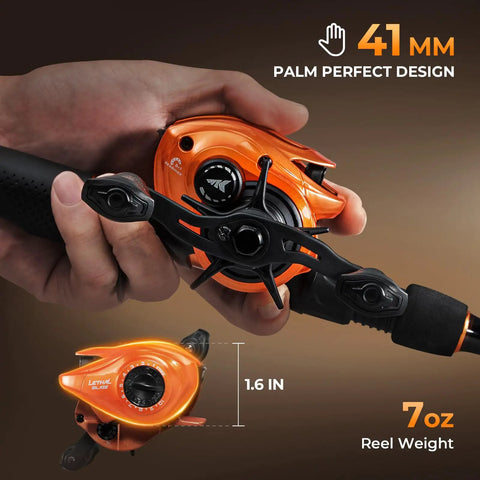 Hand holding Lethal Blaze Baitcasting Fishing Reel With 7.3 To 1 Gear Ratio And Low Profile Lightweight Glass Fiber Infused Nylon Frame