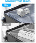 Image showing 7 In 1 Power Strip Cube with 4 AC outlets and 3 USB ports in suitcase compared to traditional power strip.