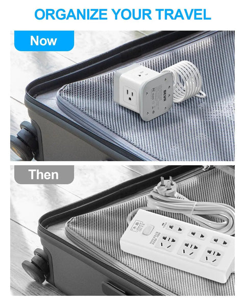 Image showing 7 In 1 Power Strip Cube with 4 AC outlets and 3 USB ports in suitcase compared to traditional power strip.