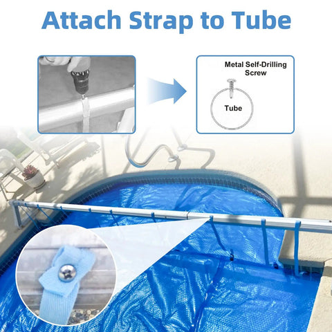 Heavy Duty Pool Solar Cover Reel Straps Rock Solid Buckle Plates For Outdoor Swimming Pools Ultra Durable Weather Resistant Replacement Gear shown attaching a strap to a reel tube.