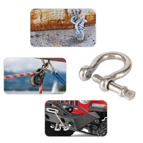 Heavy Duty 1/4 Inch Stainless Steel Screw Pin Bow Shackle Set Twenty Pieces Knockout Marine Anchor Clevis Hardware For Towing Rigging And Boat Squad Built Tough Real Deal Quality with close-up view of stainless steel shackle.