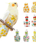 Cockatiel wearing Reusable Bird Diaper Flight Suit With Adjustable Straps, leakproof lining, lemon print, various designs shown
