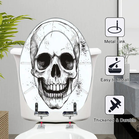 Elongated Resin Toilet Seat for Bathroom featuring a skull design, easy to install with metal links, and durable hinges.