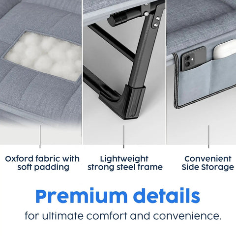 Go To Adjustable Folding Camping Cot with Mattress showing oxford fabric, steel frame, and side storage pockets for comfort and convenience.