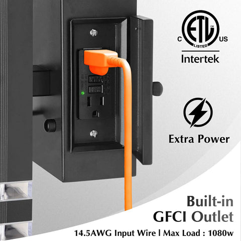 Dusk To Dawn Porch Light With Outlet And Up Down Exterior Wall Fixture, Black Waterproof Outdoor Light For House Porch And Garage, Auto On At Dusk, Built In GFCI Outlets For Easy Power And Safety showing GFCI outlet with orange plug