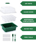 Components of 120 Cell Seed Starter Kit With 10 Seedling Trays 12 Cells Each Humidity Dome Green Base Plant Tags And Hand Tool Set