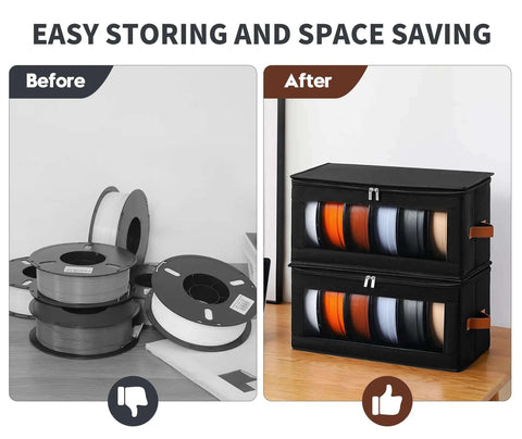 Before and after of 4 Pack Filament Storage Set With Desiccants For 3D Printers, holds up to 24 standard 1kg spools, organized by color.