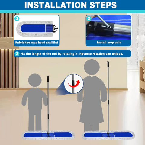 Installation steps for Pro Level Commercial Dust Mop Featuring A Telescopic Stainless Handle And Hella Absorbent Blue Cotton Pad.