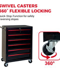 Heavy Duty Rollin Tool Chest With Six Slick Ball Bearing Glides And Scratch Proof Steel Worktop Featuring Locked Swivel Casters for easy maneuvering.