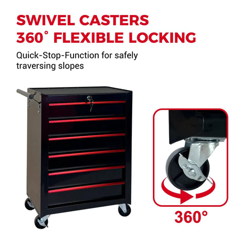 Heavy Duty Rollin Tool Chest With Six Slick Ball Bearing Glides And Scratch Proof Steel Worktop Featuring Locked Swivel Casters for easy maneuvering.