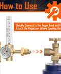 Front view of brass argon/CO2 gas regulator with vertical flow meter gauge and CGA580 inlet