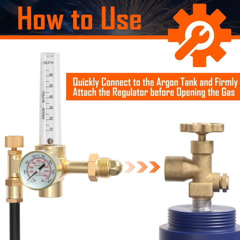 Front view of brass argon/CO2 gas regulator with vertical flow meter gauge and CGA580 inlet