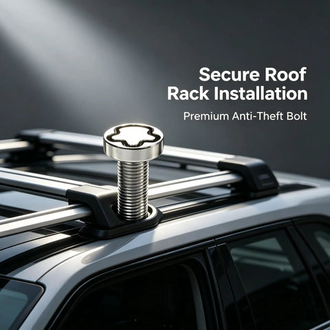 M6 Stainless Steel Anti Theft Locking Screws Kit 20mm Four Locks Plus One Key installed on car roof rack for security.