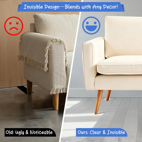 Clear Non Slip Couch Stoppers 2 Pack 9 Inch Universal Furniture Spacers displayed on furniture to show invisible design and blend with decor.