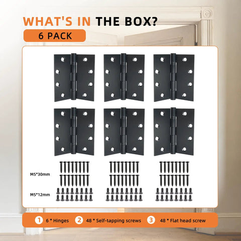 6-Pack Heavy Duty Black Commercial Door Hinges 4.5 By 4.5 Inches Thickened, 304 Stainless Steel With Electroplated Black Finish, Square Corner, Standard Hole Pattern, Built For High Traffic Doors, Durable Professional Grade Hardware, six hinges with screws